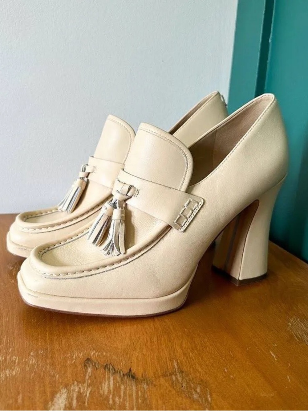Sam Edelman Jed Eggshell Leather Cream Tassel Loafer Chunky Heel Pumps